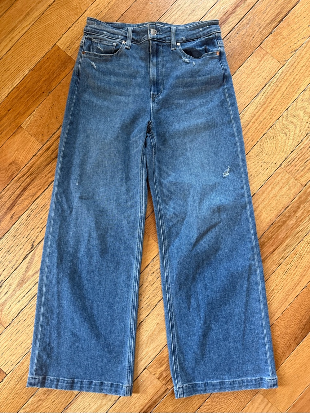 PAIGE Anessa Wide Leg Jeans Med Wash Womens Size 27 High Rise Stretch Distressed - Picture 1 of 15